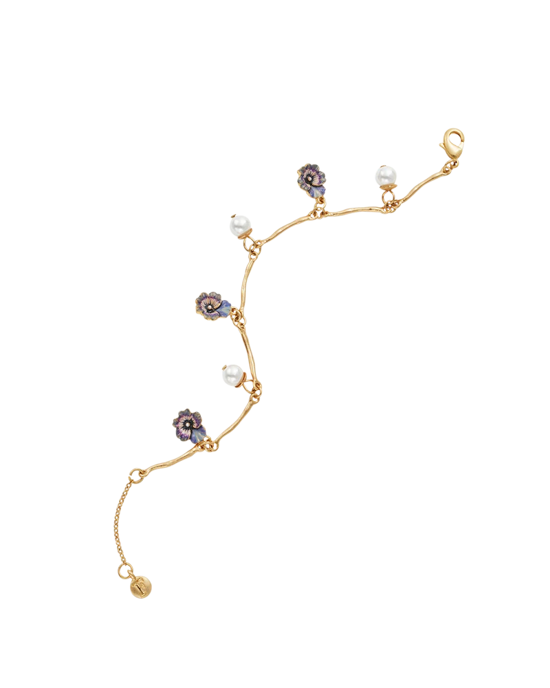 Gold Pansy & Pearl Toggle Necklace & Charm Bracelet Set
