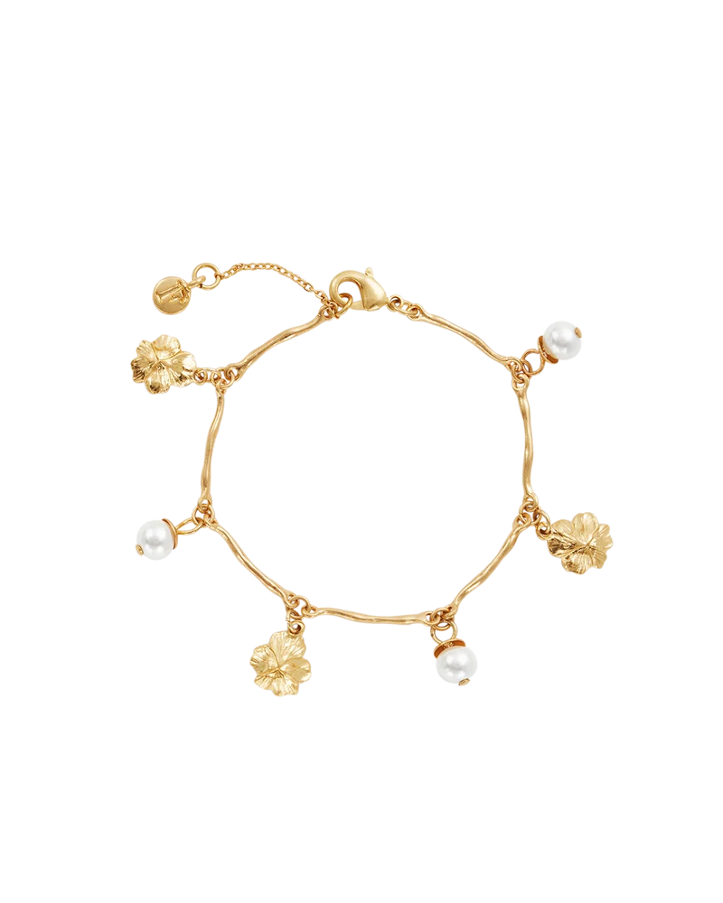 Gold Pansy & Pearl Toggle Necklace & Charm Bracelet Set