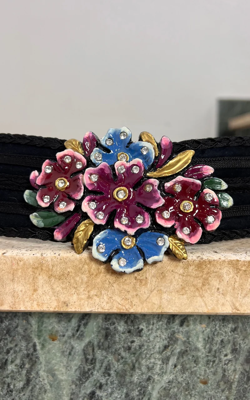 Vintage Black Belt with Floral Enamel Buckle