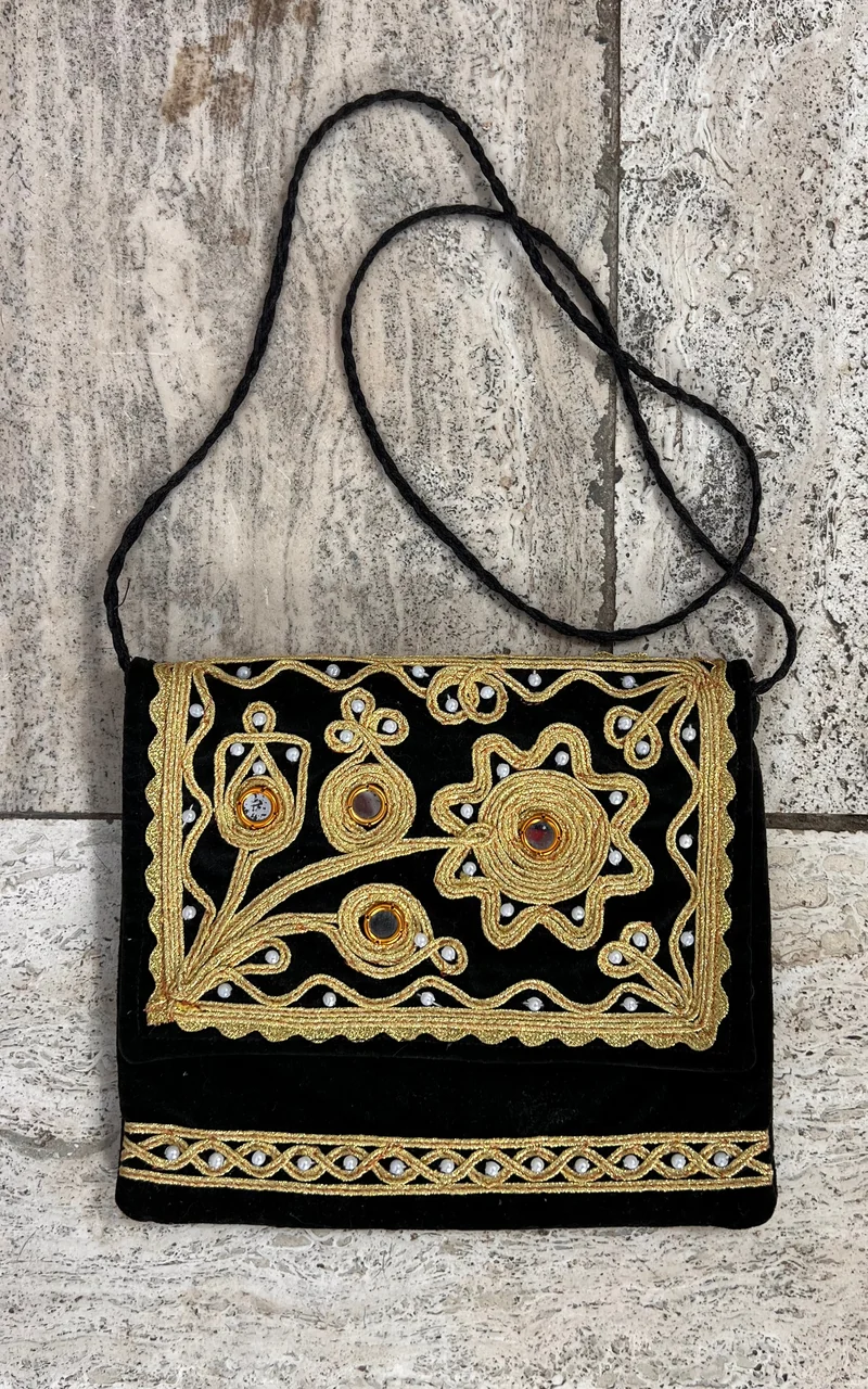 Vintage Bohemian Embroidered Velvet Bag with Mirror Work