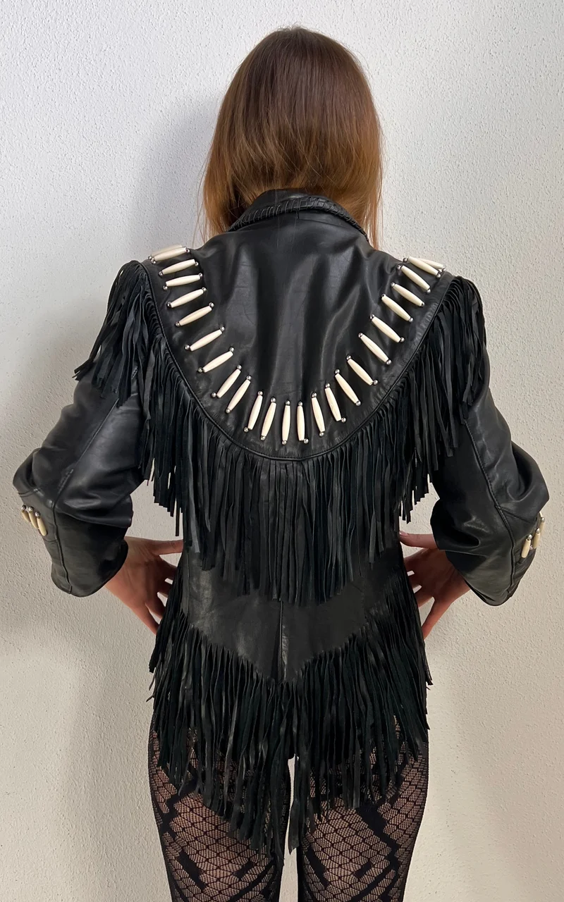 Vintage Black Leather Fringe Jacket with Bone Details
