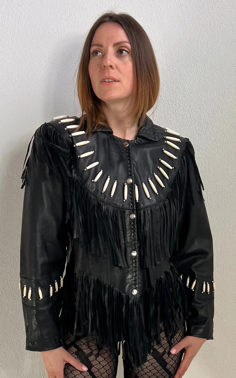Vintage Black Leather Fringe Jacket with Bone Details