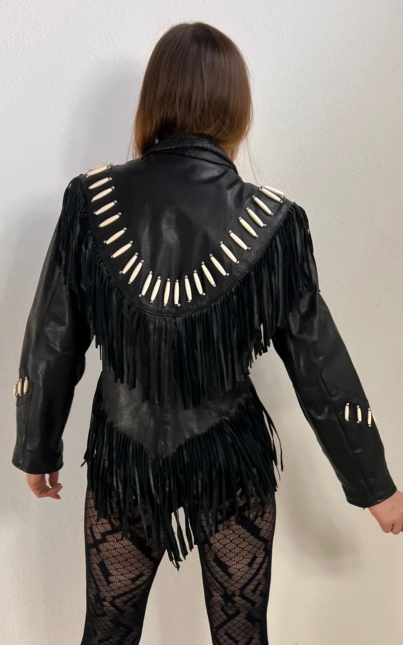 Vintage Black Leather Fringe Jacket with Bone Details