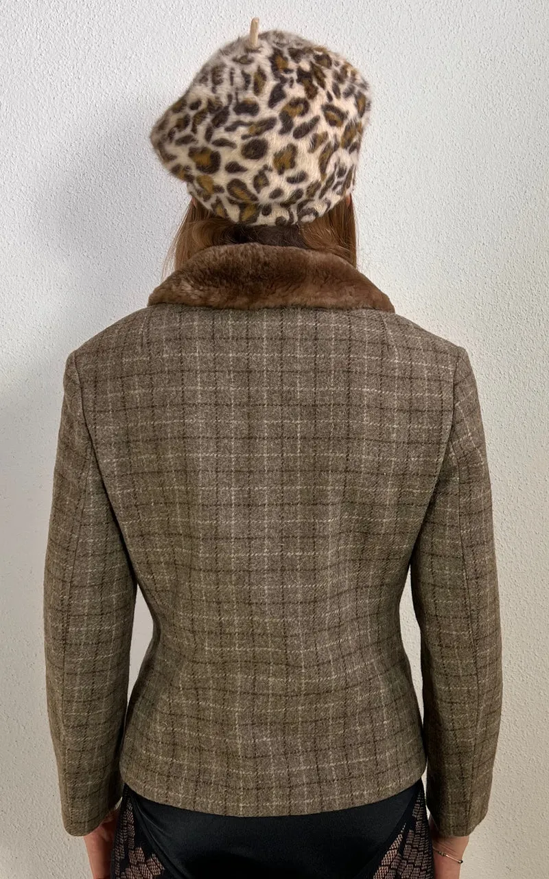 Vintage Wool Blazer Jacket with Fur Collar