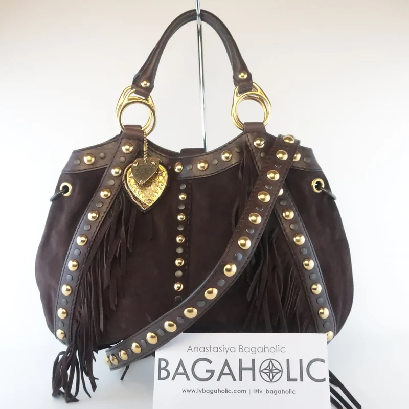 Gucci Runway Brown Suede Babouska Large Fringe Studded Tote bag