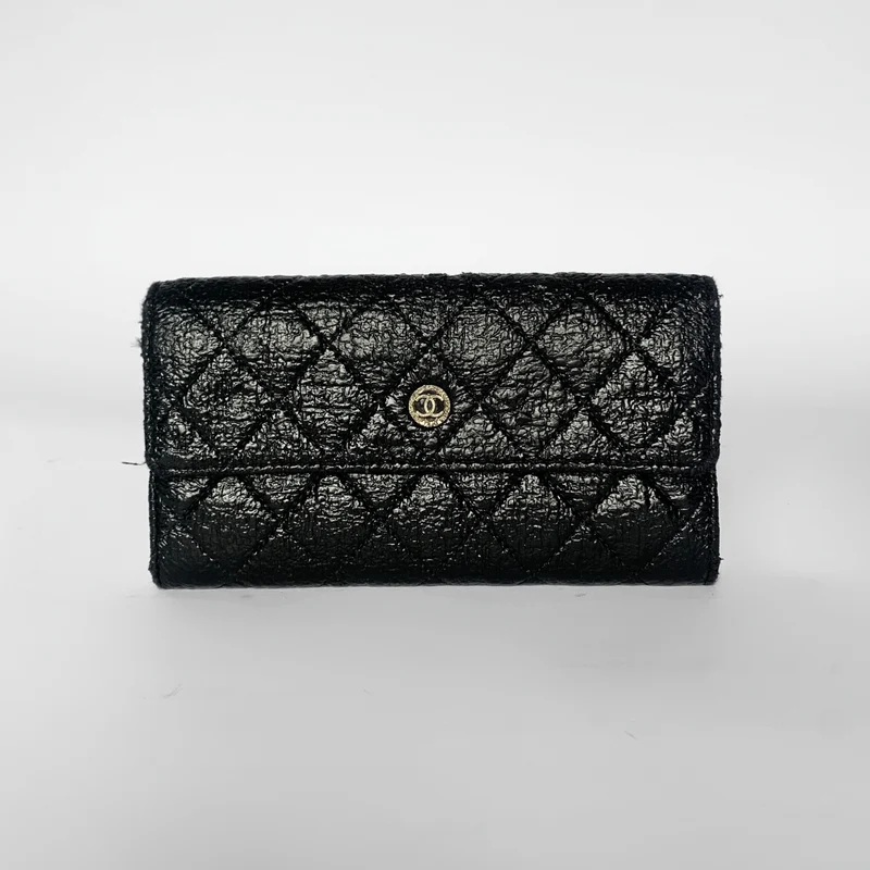 Chanel Schwarzes/goldenes gestepptes Wildleder-Portemonnaie Paris Edinburgh Long