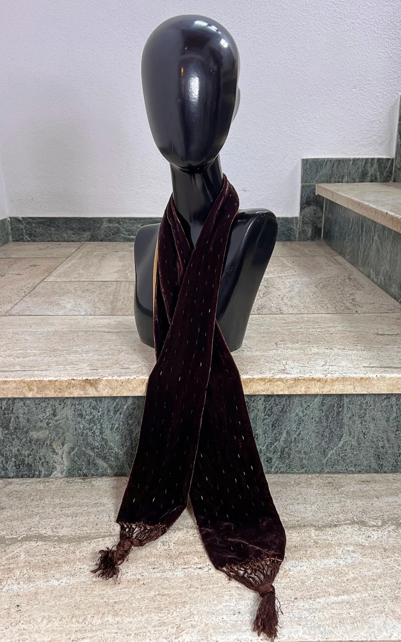 Vintage Brown Silk Velvet Skinny Scarf