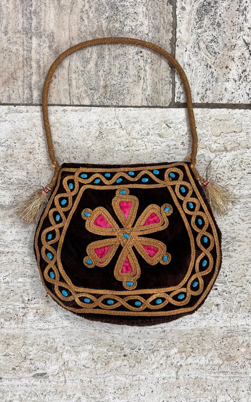 Small Vintage Darkbrown Velvet Afghan Bag