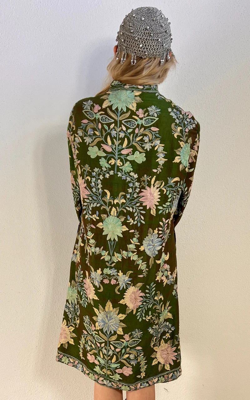 Vintage 70s Floral Silk Embroidered Mini Coat Dress