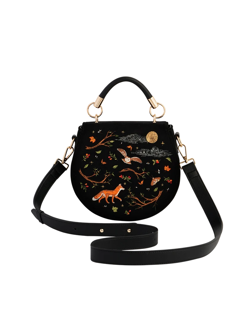 Black Fox & Owl Embroidered Top Handle Saddle Bag