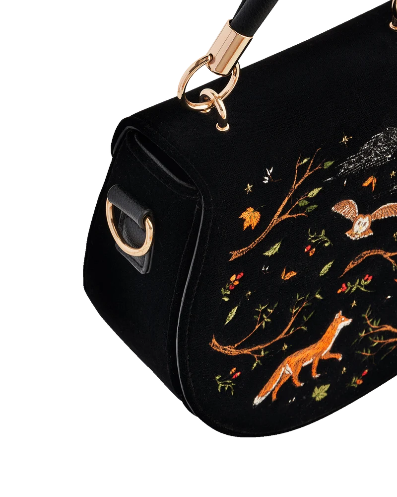 Black Fox & Owl Embroidered Top Handle Saddle Bag