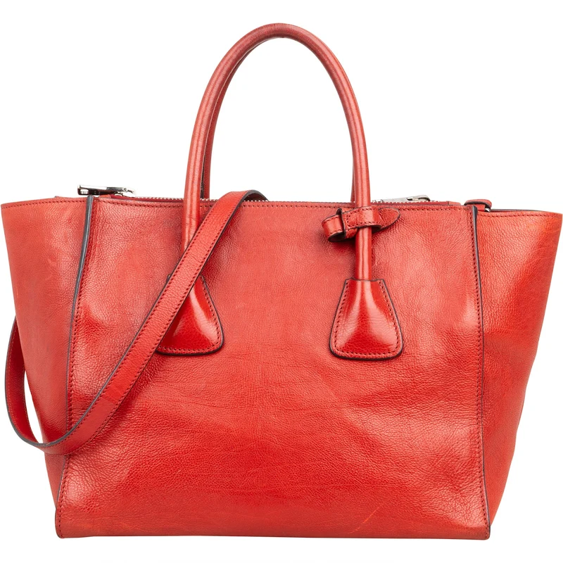 Prada Glaced Grained Leather Double Zip Tote Shopper Handbag