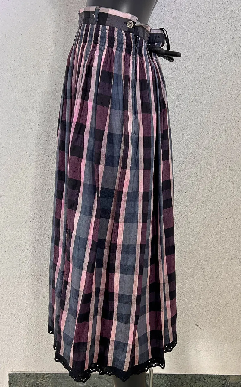 Vintage Checked Silk Skirt with Lace Trim