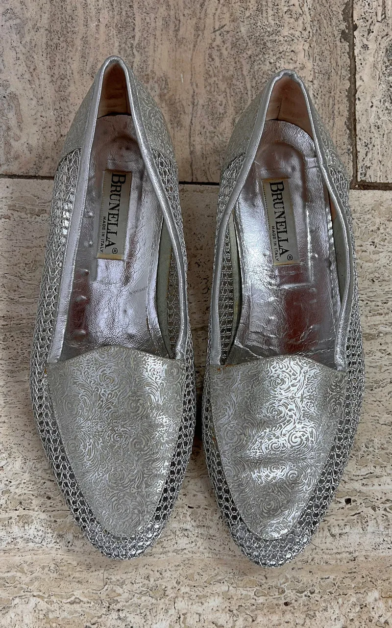 Vintage Brunella Silver Brocade and Mesh Loafers 40