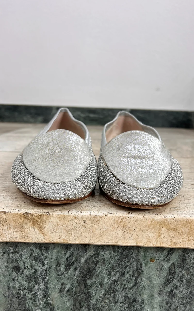 Vintage Brunella Silver Brocade and Mesh Loafers 40
