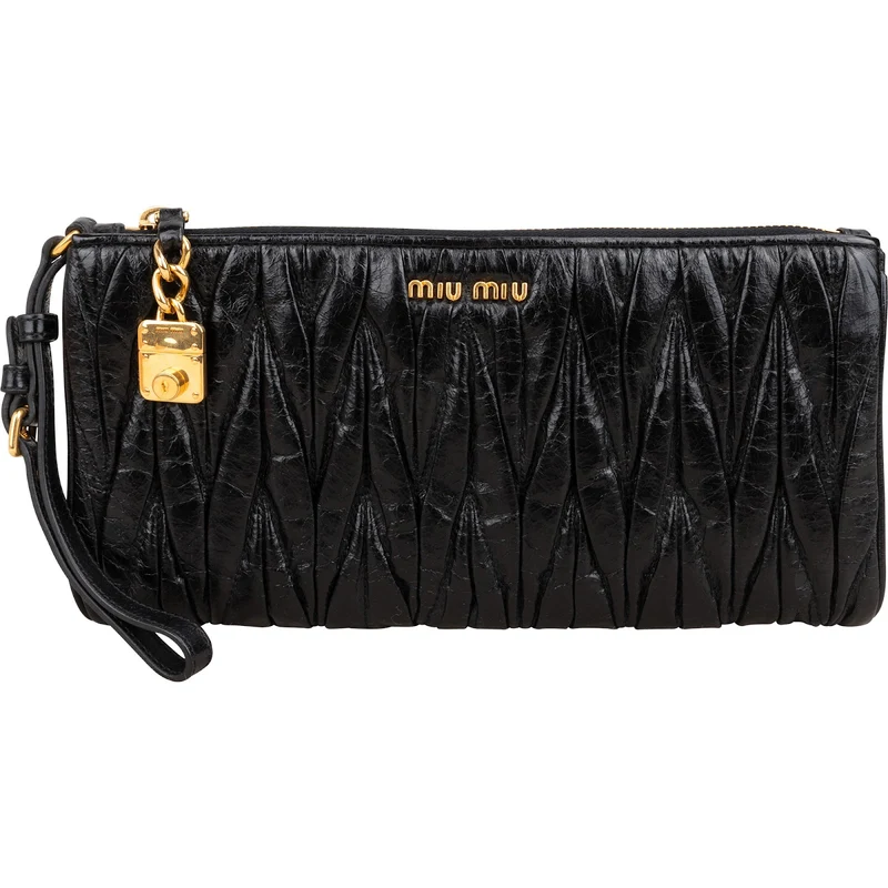 Miu Miu Black Matelassé Vitello Lux Leather Wristlet Clutch
