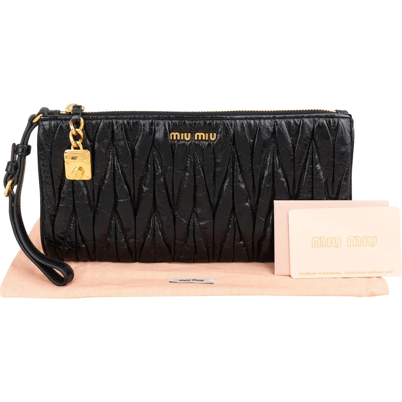 Miu Miu Black Matelassé Vitello Lux Leather Wristlet Clutch