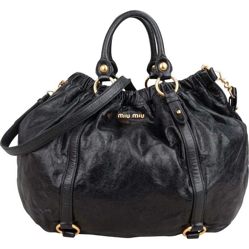 Miu Miu Black Vitello Lux Leather Gathered Satchel Hobo Handbag