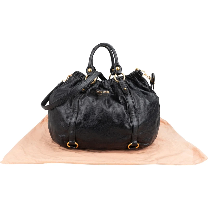 Miu Miu Black Vitello Lux Leather Gathered Satchel Hobo Handbag