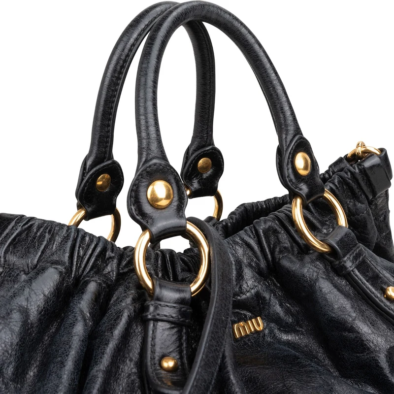 Miu Miu Black Vitello Lux Leather Gathered Satchel Hobo Handbag