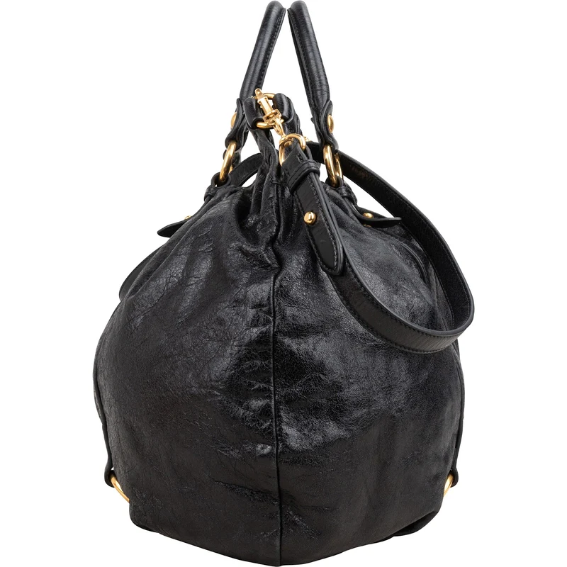 Miu Miu Black Vitello Lux Leather Gathered Satchel Hobo Handbag