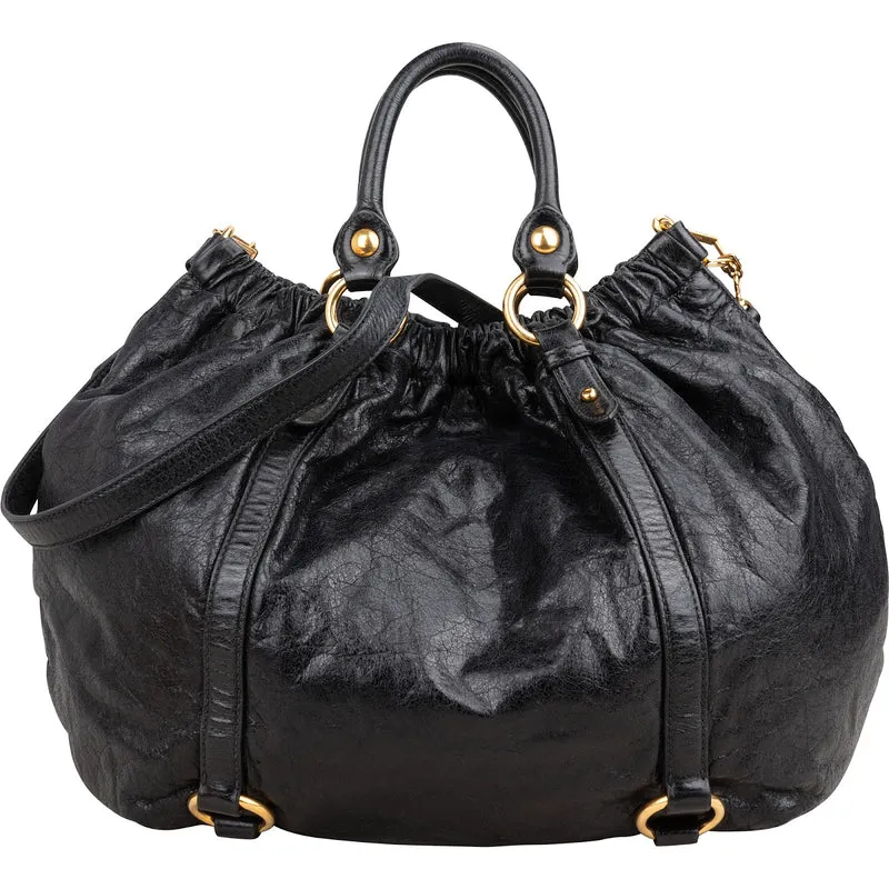 Miu Miu Black Vitello Lux Leather Gathered Satchel Hobo Handbag