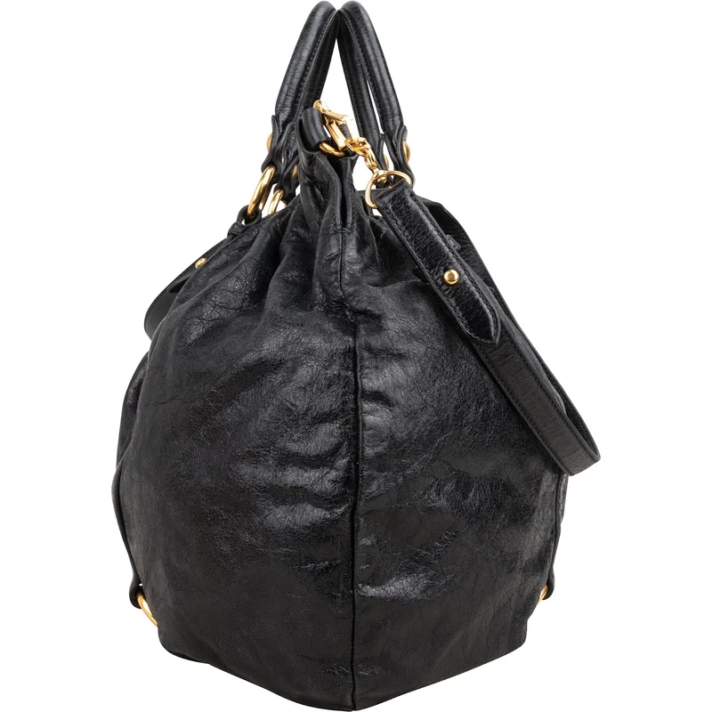 Miu Miu Black Vitello Lux Leather Gathered Satchel Hobo Handbag