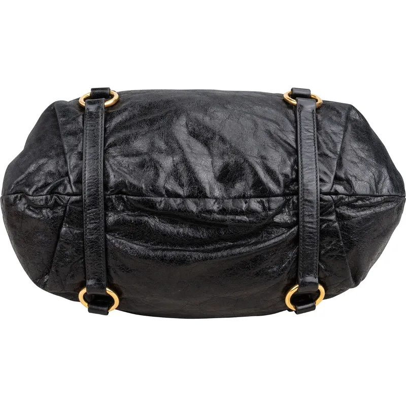 Miu Miu Black Vitello Lux Leather Gathered Satchel Hobo Handbag
