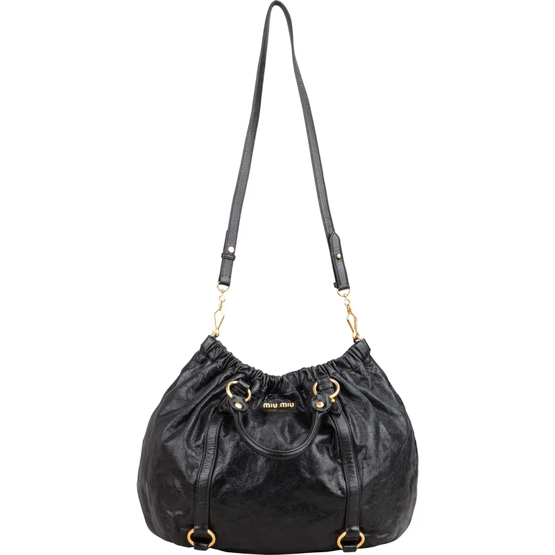 Miu Miu Black Vitello Lux Leather Gathered Satchel Hobo Handbag