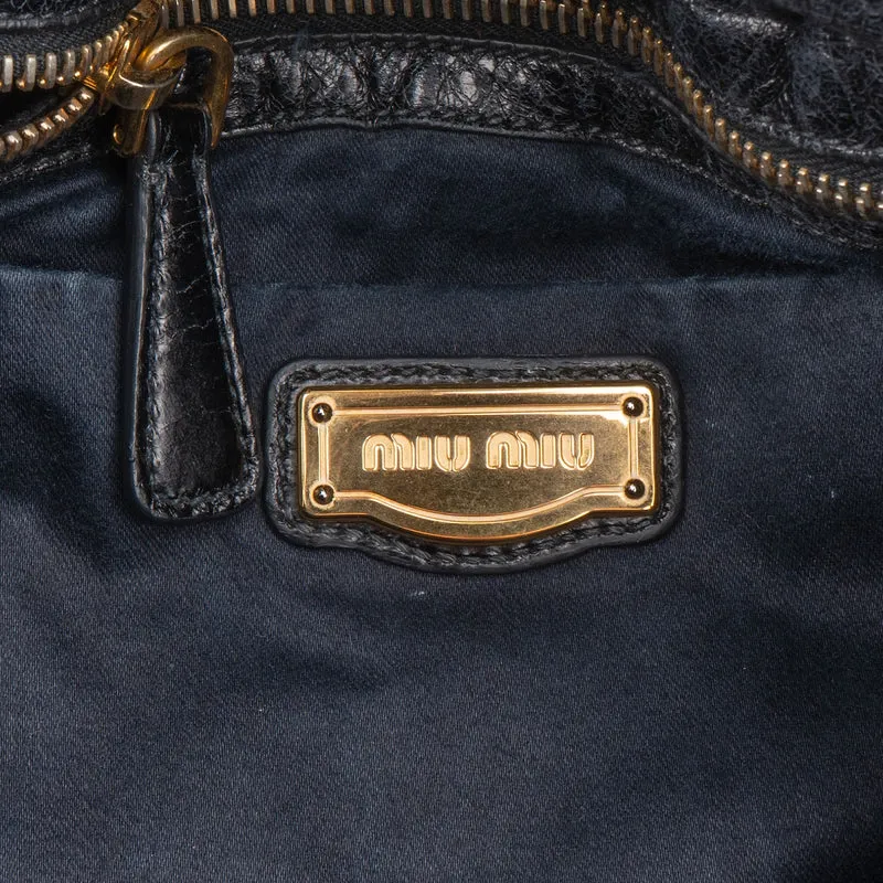 Miu Miu Black Vitello Lux Leather Gathered Satchel Hobo Handbag