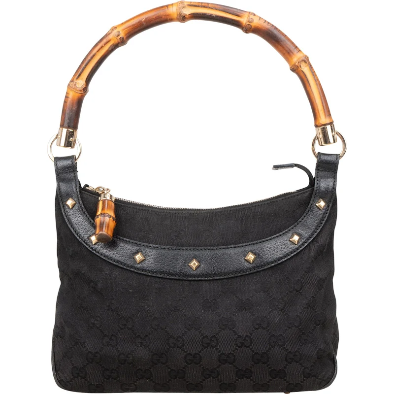 Gucci Black Monogram GG Bamboo Studded Hobo Handbag