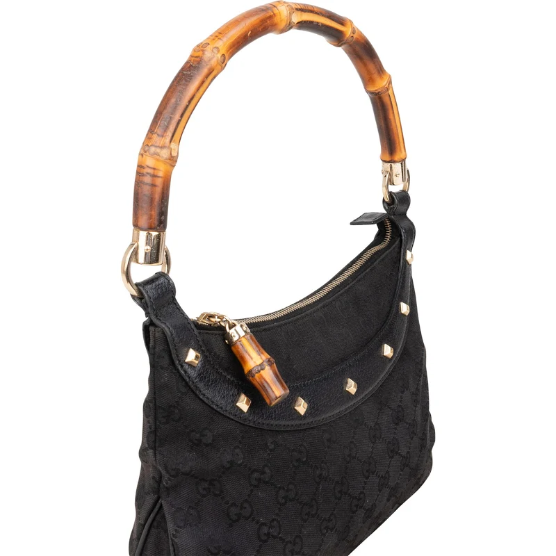 Gucci Black Monogram GG Bamboo Studded Hobo Handbag