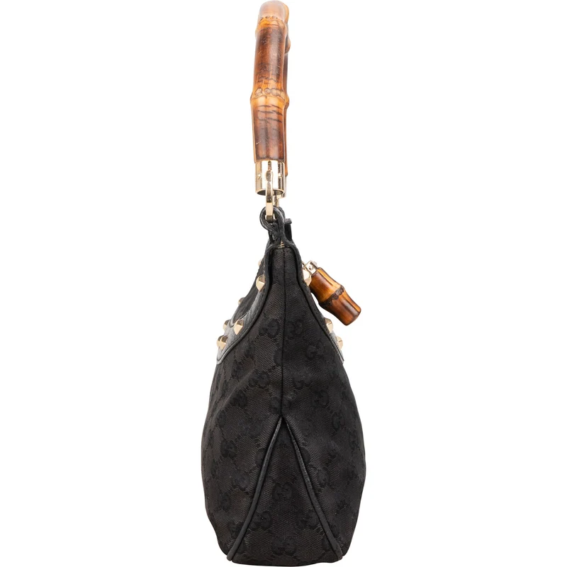 Gucci Black Monogram GG Bamboo Studded Hobo Handbag