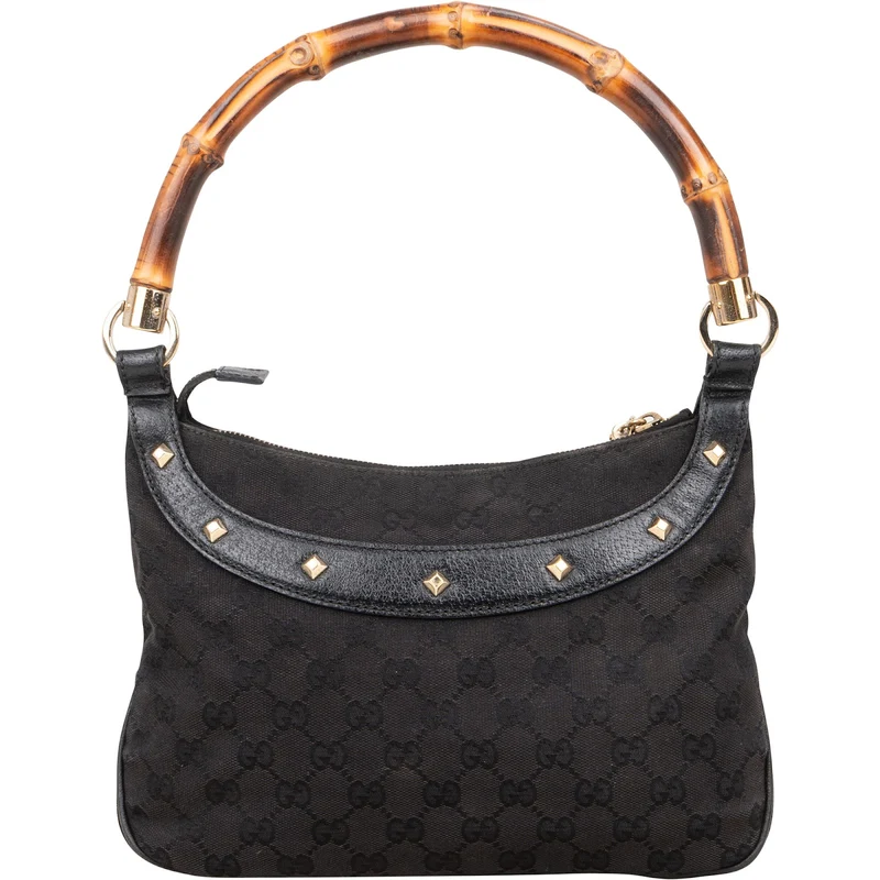 Gucci Black Monogram GG Bamboo Studded Hobo Handbag