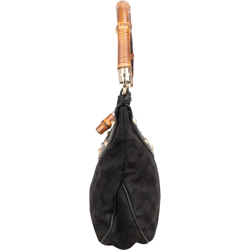 Gucci Black Monogram GG Bamboo Studded Hobo Handbag