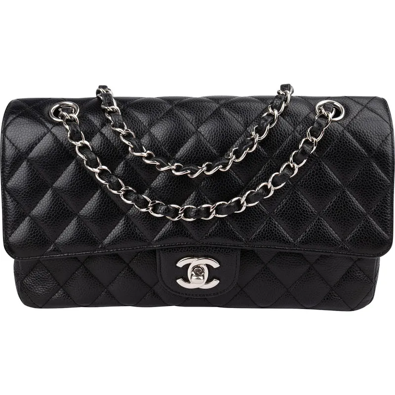Chanel Quilted Caviar Leather Palladium Medium Double Flap Shoulder Bag