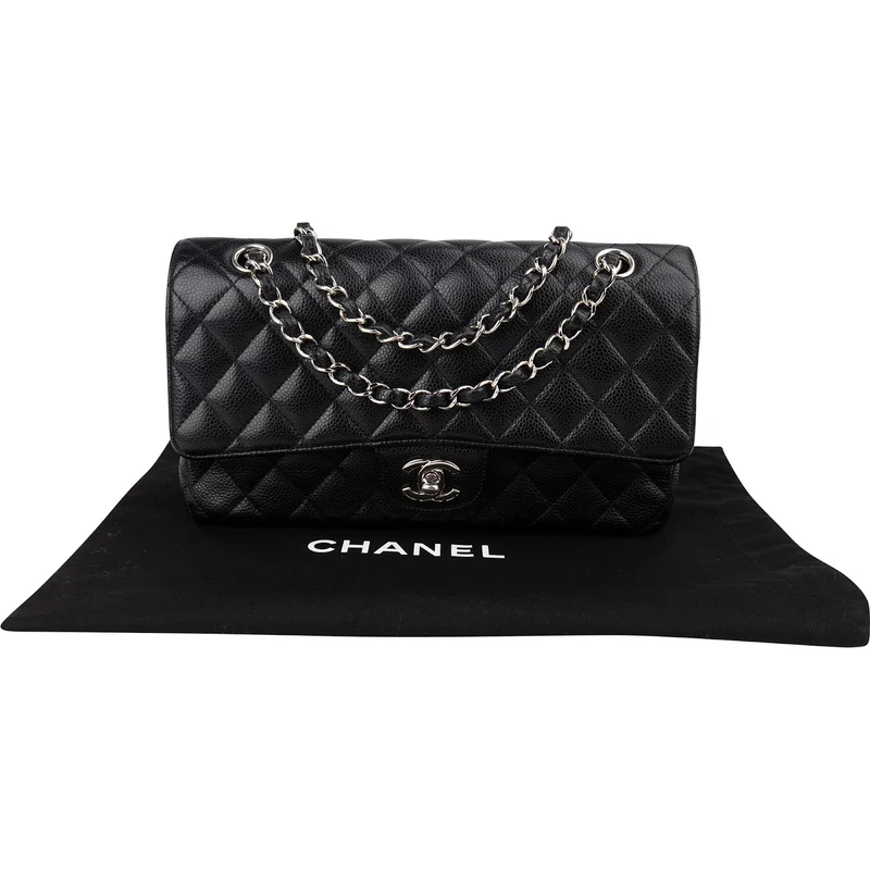 Chanel Quilted Caviar Leather Palladium Medium Double Flap Shoulder Bag