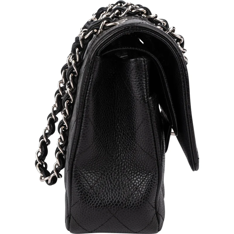 Chanel Quilted Caviar Leather Palladium Medium Double Flap Shoulder Bag
