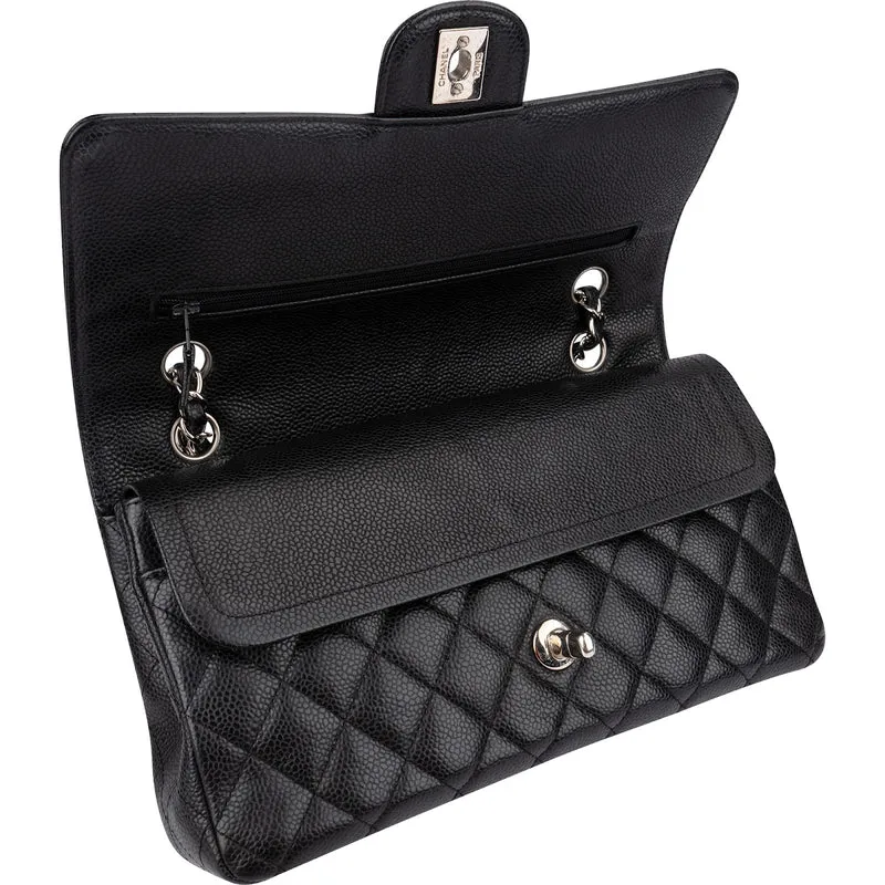 Chanel Quilted Caviar Leather Palladium Medium Double Flap Shoulder Bag