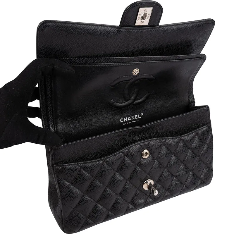 Chanel Quilted Caviar Leather Palladium Medium Double Flap Shoulder Bag