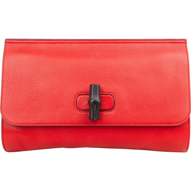 Gucci Red Pebbled Leather Bamboo Clutch Bag