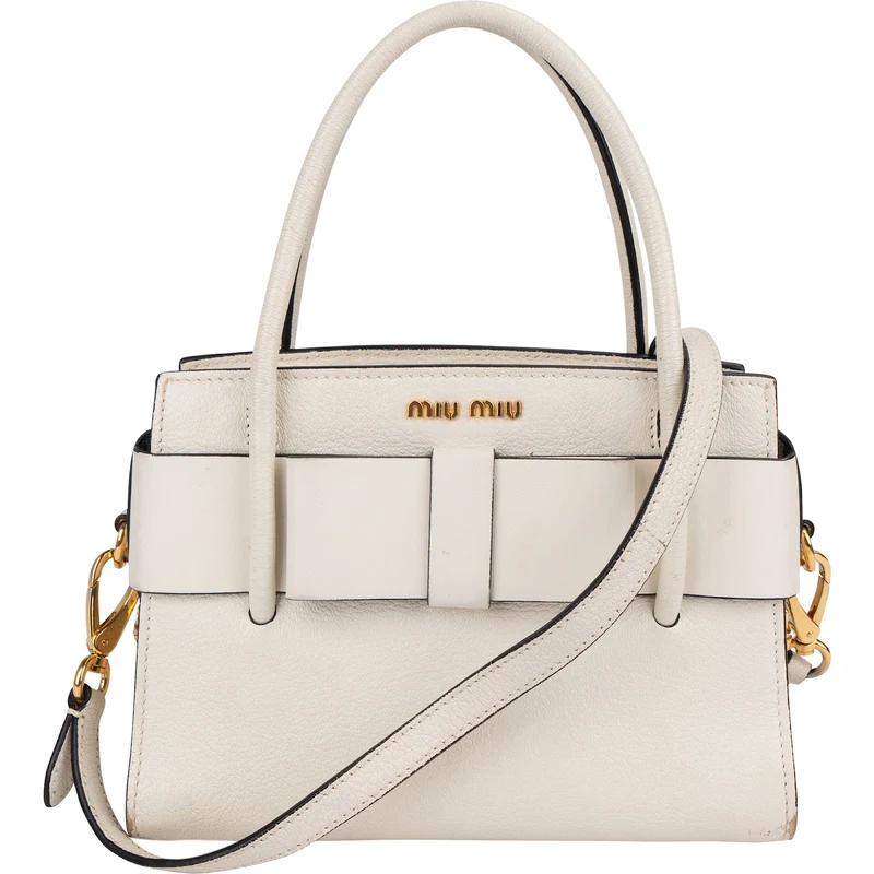 Miu Miu White Madras Leather Bow Handbag