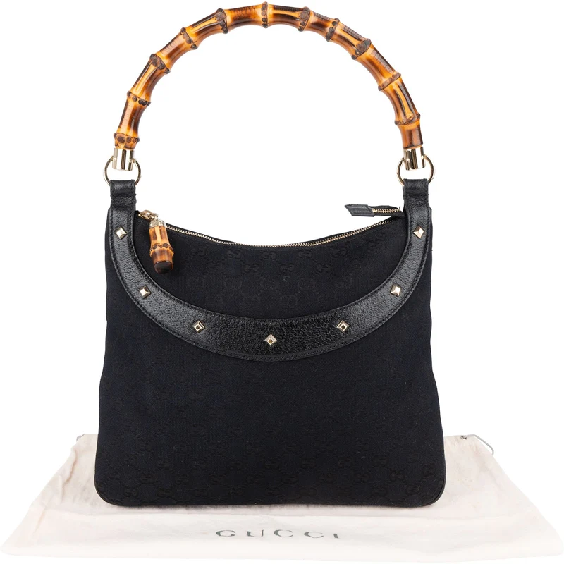 Gucci Monogram GG Studded Bamboo Hobo Handbag
