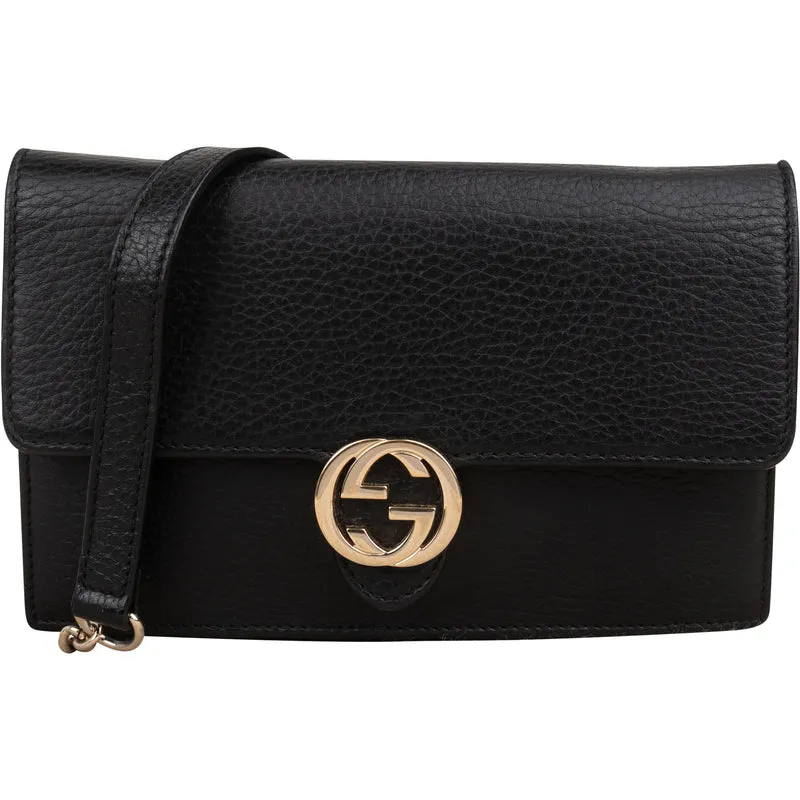 Gucci Pebbled Leather Interlocking GG Wallet On Chain Crossbody Bag
