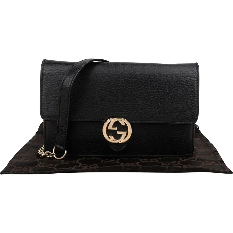 Gucci Pebbled Leather Interlocking GG Wallet On Chain Crossbody Bag