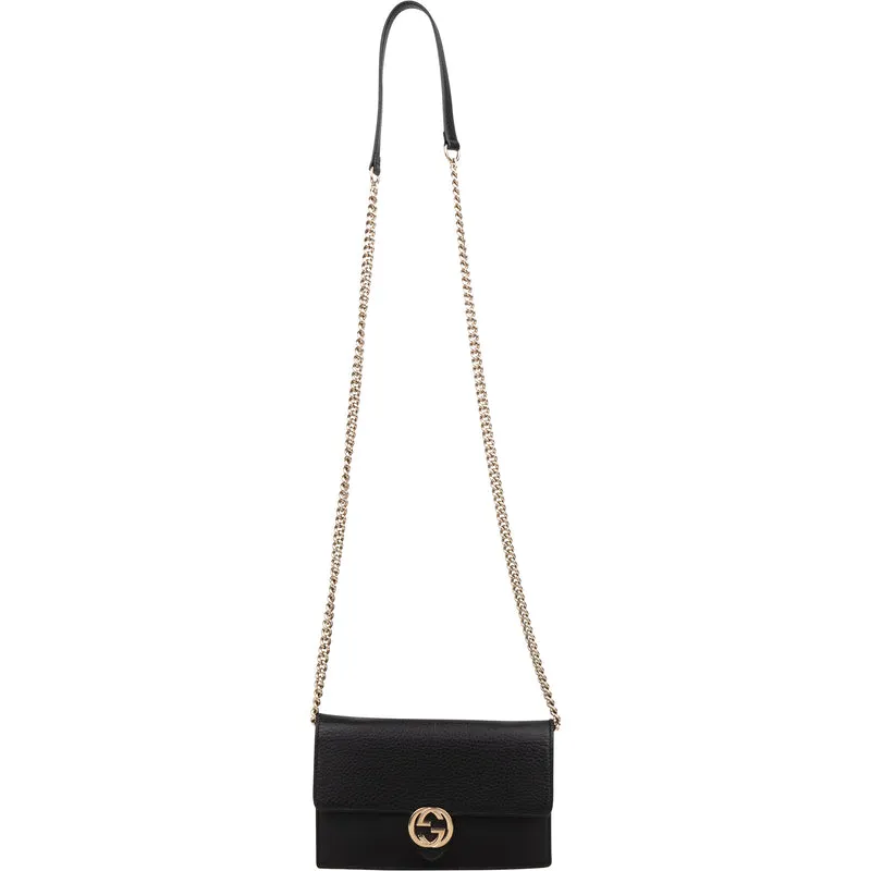 Gucci Pebbled Leather Interlocking GG Wallet On Chain Crossbody Bag