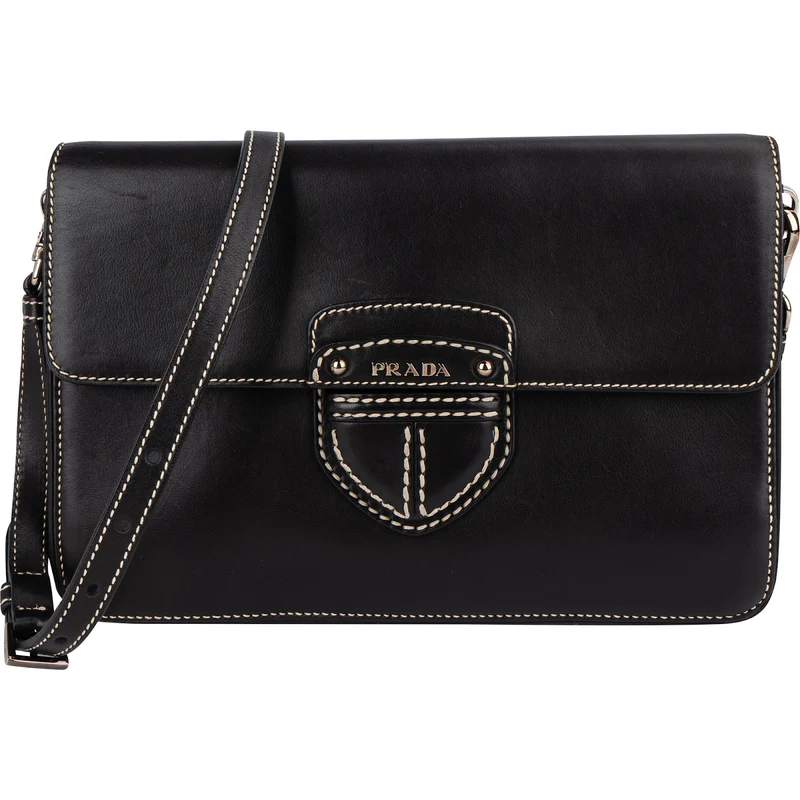 Prada Leather Contrast Stitch Flap Crossbody Bag
