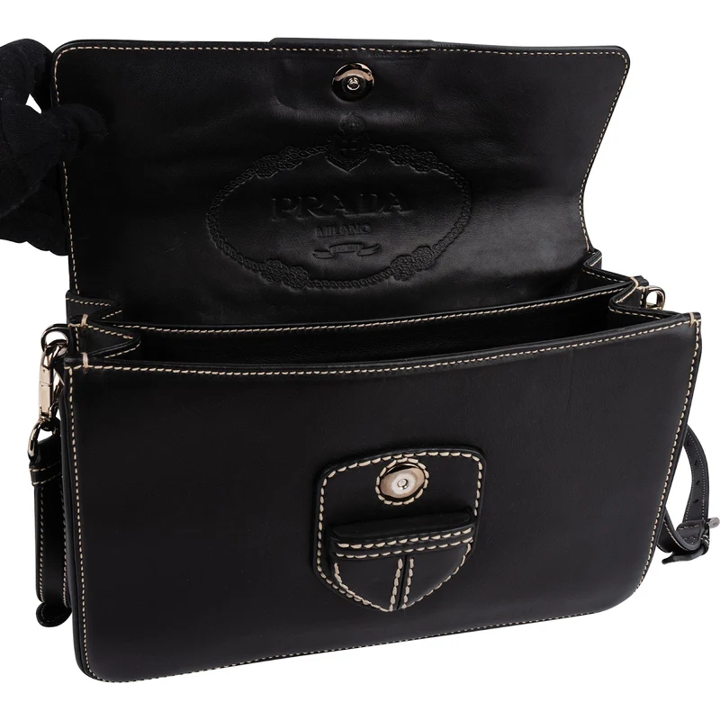 Prada Leather Contrast Stitch Flap Crossbody Bag