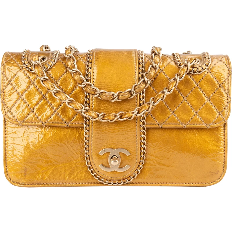 Chanel Crinkled Stitched Patent Leather Chain Around Single Flap Shoulder Bag