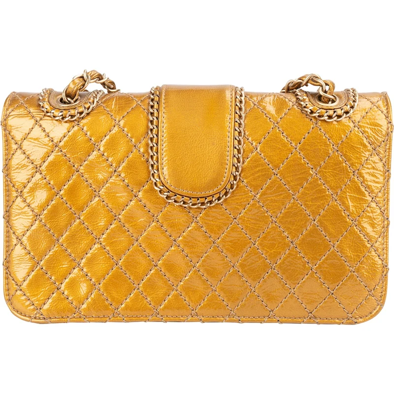 Chanel Crinkled Stitched Patent Leather Chain Around Single Flap Shoulder Bag